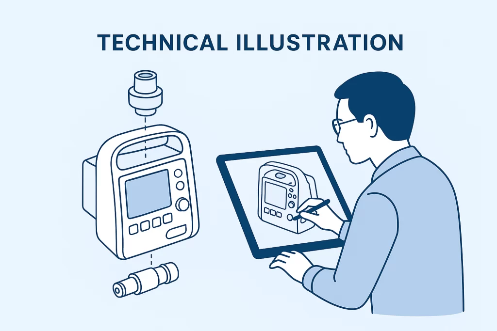 Engineer creating a CAD technical illustration and exploded view for product documentation