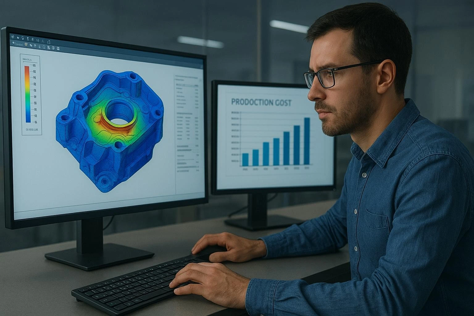 Mechanical engineer in the USA creating detailed 3D CAD models and assemblies for industrial product design using advanced software tools