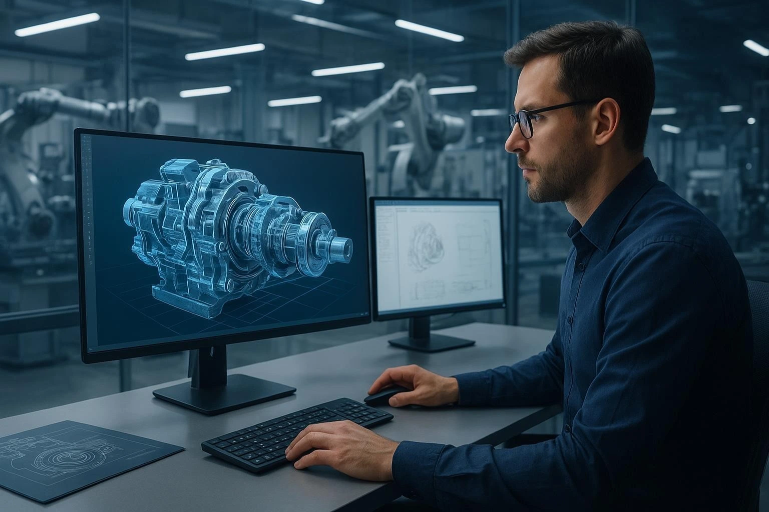 Mechanical design consultants in the USA collaborating on a 3D CAD model for an industrial product development project.