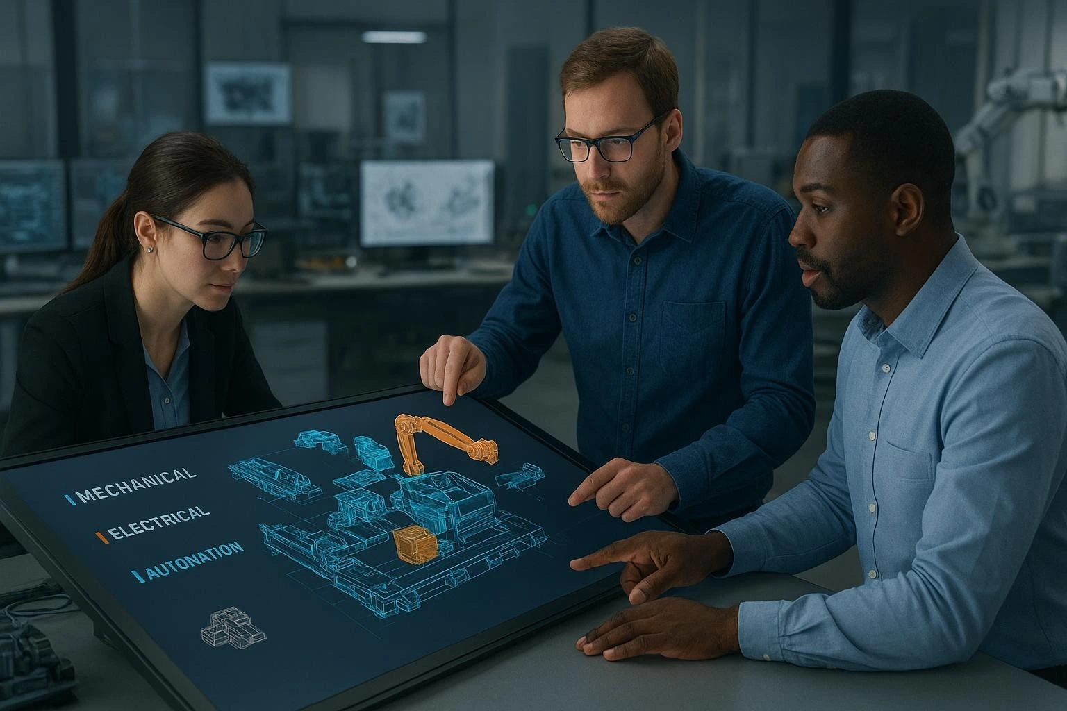US mechanical design engineers reviewing industrial design drawings for manufacturability, safety, and compliance with ASME and ISO standards.