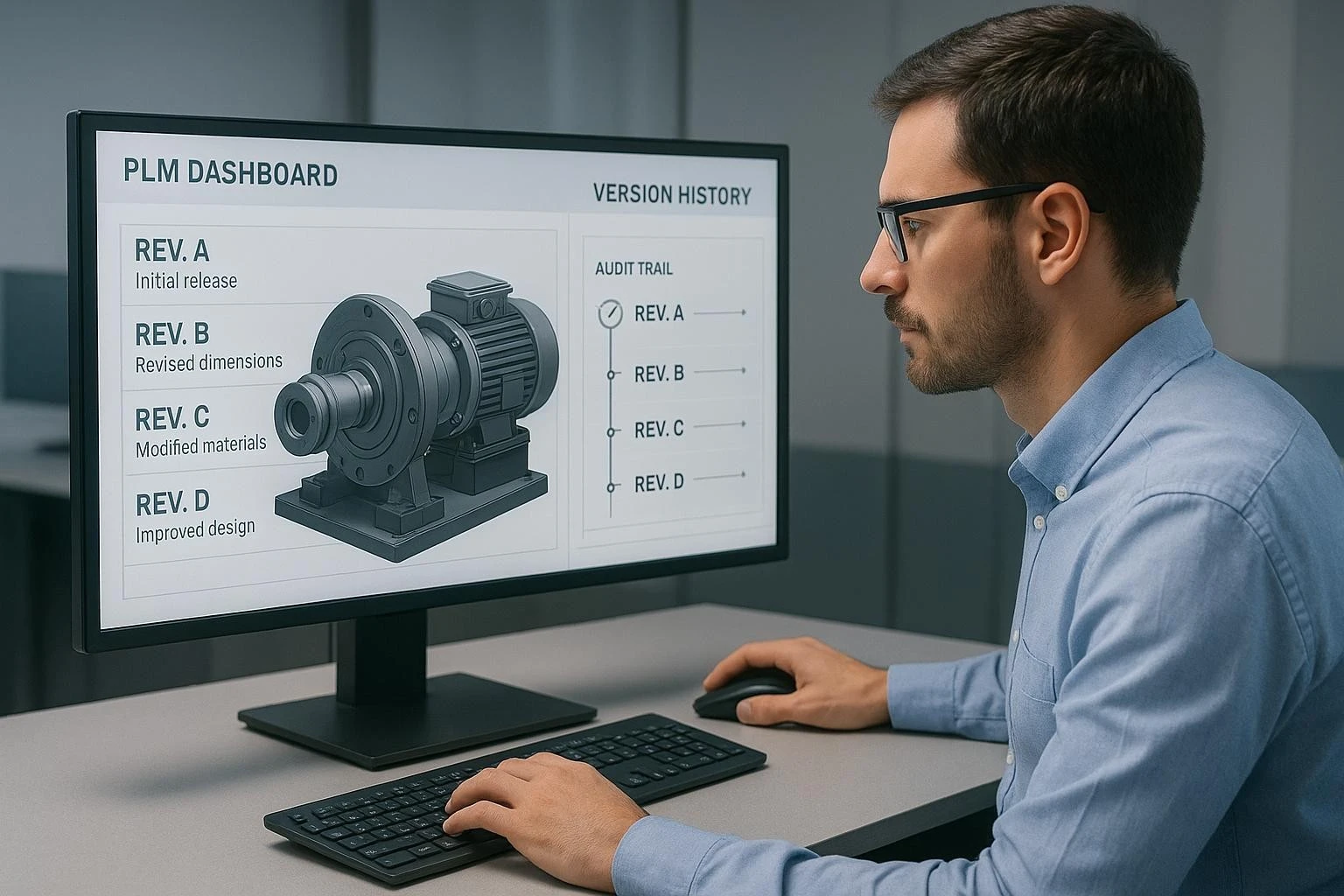 Product lifecycle management (PLM) software interface used by mechanical design consultants in the USA for design revisions and change tracking.
