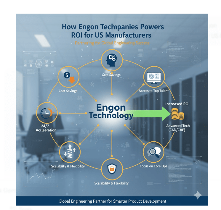 Engon Technologies powers ROI for US manufacturers through global mechanical design outsourcing, highlighting cost savings, 24/7 acceleration, scalability, access to top talent, and advanced CAD/CAE technology