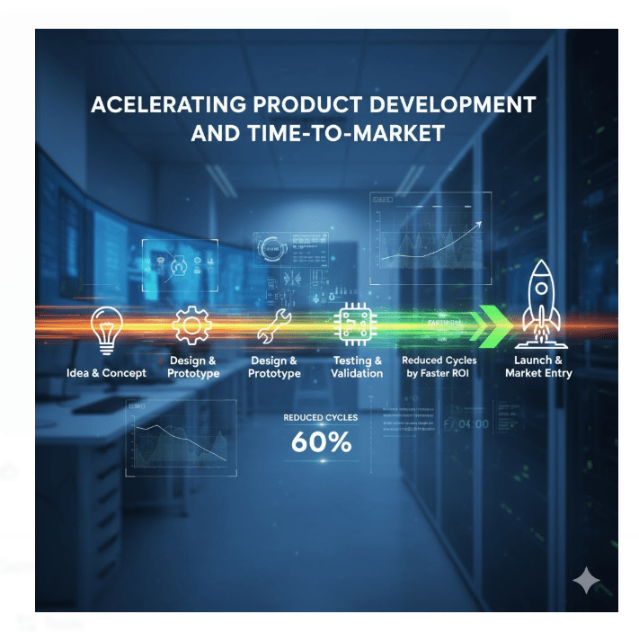 Accelerated product development and time-to-market through global mechanical design outsourcing, illustrating reduced design cycles by 60% and faster ROI for US manufacturers