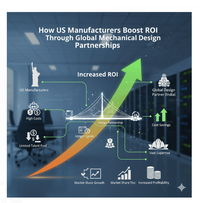 US manufacturers boost ROI through global mechanical design partnerships with India, showing cost savings, faster design cycles, increased profitability, and market share growth.