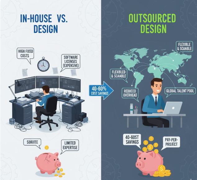 In-house vs outsourced mechanical engineering design cost comparison highlighting 40–60% savings for manufacturers in the USA and Western Europe.