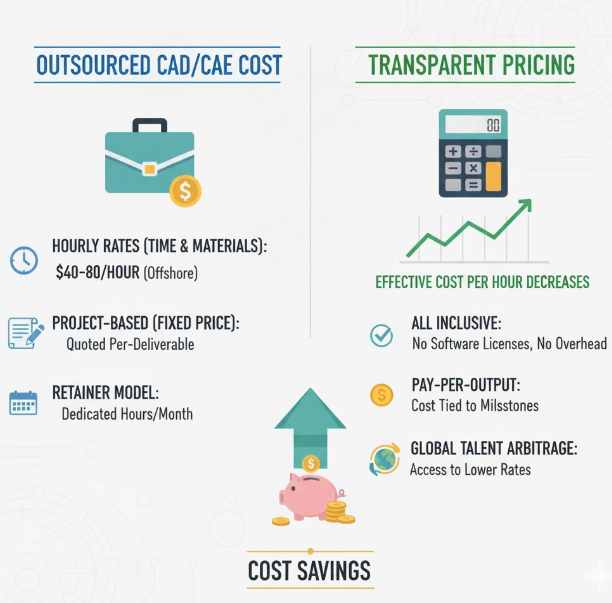 Mechanical design outsourcing cost breakdown chart showing transparent CAD/CAE pricing models and cost savings for manufacturers in the USA and Western Europe "CAD CAE software cost analysis for SMEs