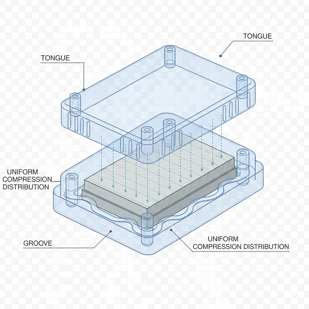 IP67 IOT enclosure design services illustrated with tongue-and-groove sealing and uniform gasket compression