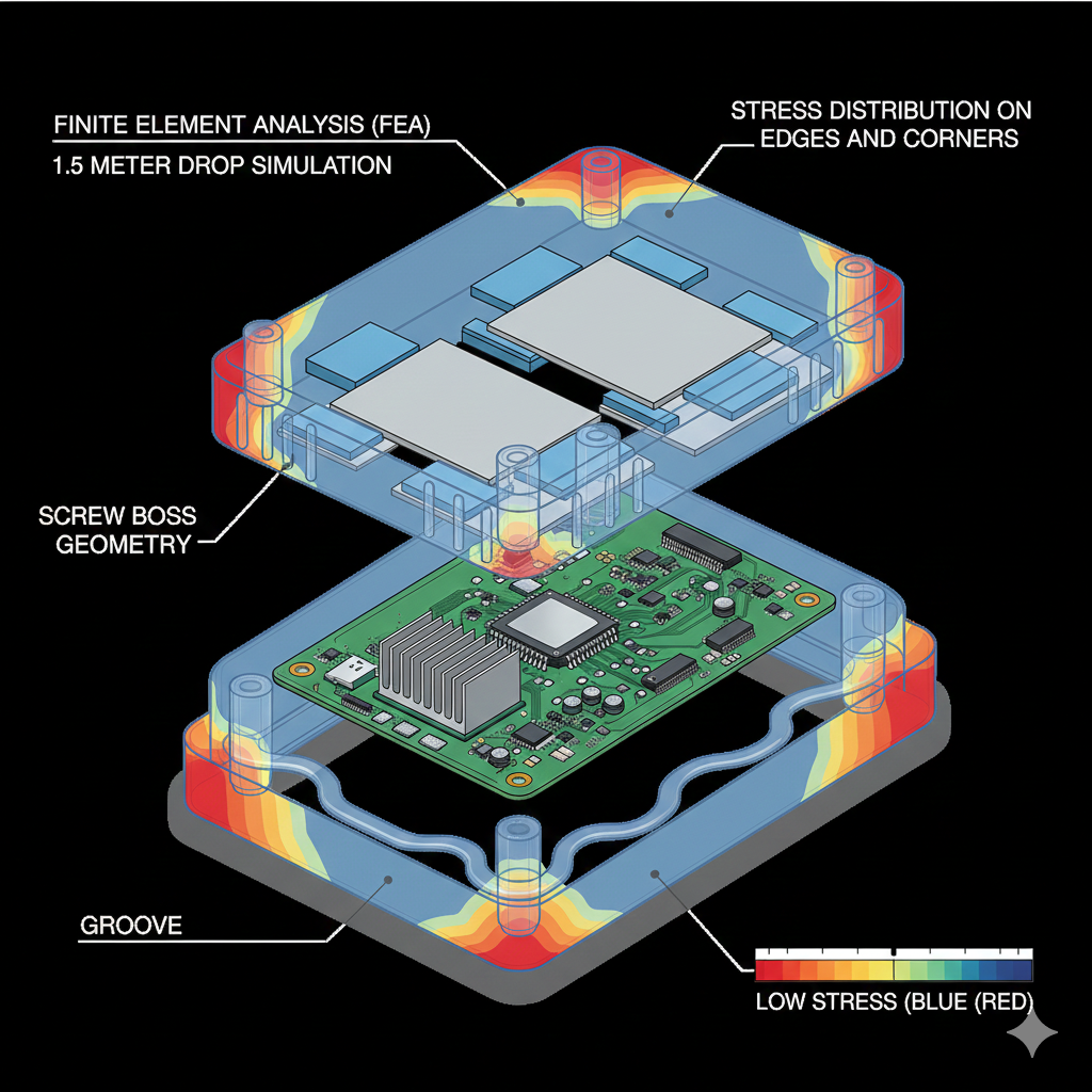 IP67 IOT enclosure design services showing FEA stress analysis on rugged electronics housing with PCB inside
