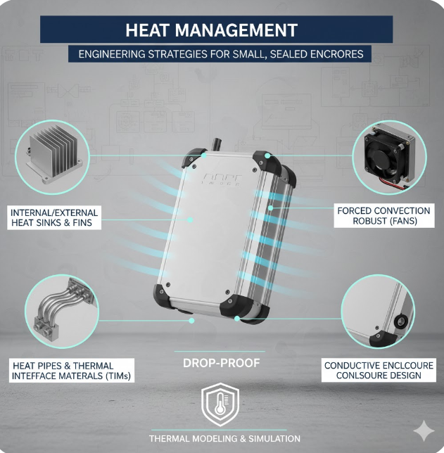 Heat management strategies in rugged electronics using IP67 IOT enclosure design services with heat sinks, fans, and thermal simulation
