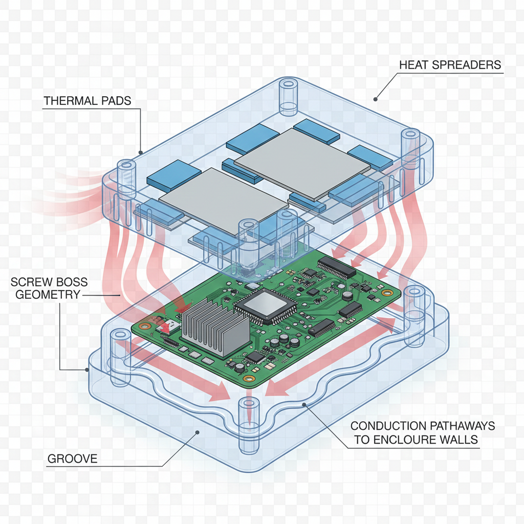 IP67 IOT enclosure design services illustrating thermal pads, heat spreaders, and conduction pathways for rugged electronics cooling