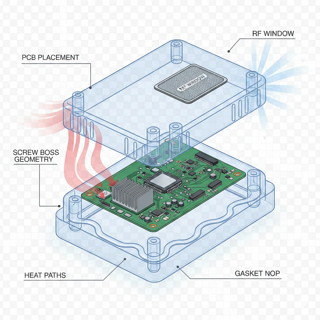 IP67 IOT enclosure design services showing PCB placement, RF window, gasket sealing, and heat dissipation pathways for rugged electronics.