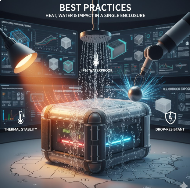 IP67 IOT enclosure design services demonstrating waterproof, thermal stability, and drop-resistant rugged electronics testing