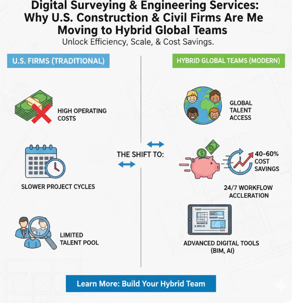 Digital Surveying Services USA infographic comparing traditional U.S. firms with hybrid global engineering teams.