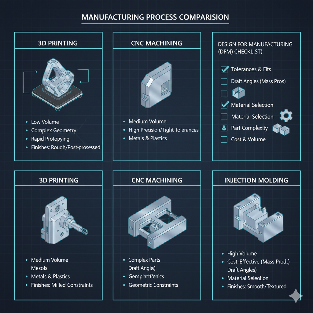 Manufacturing process comparison chart used in digital engineering outsourcing USA workflows
