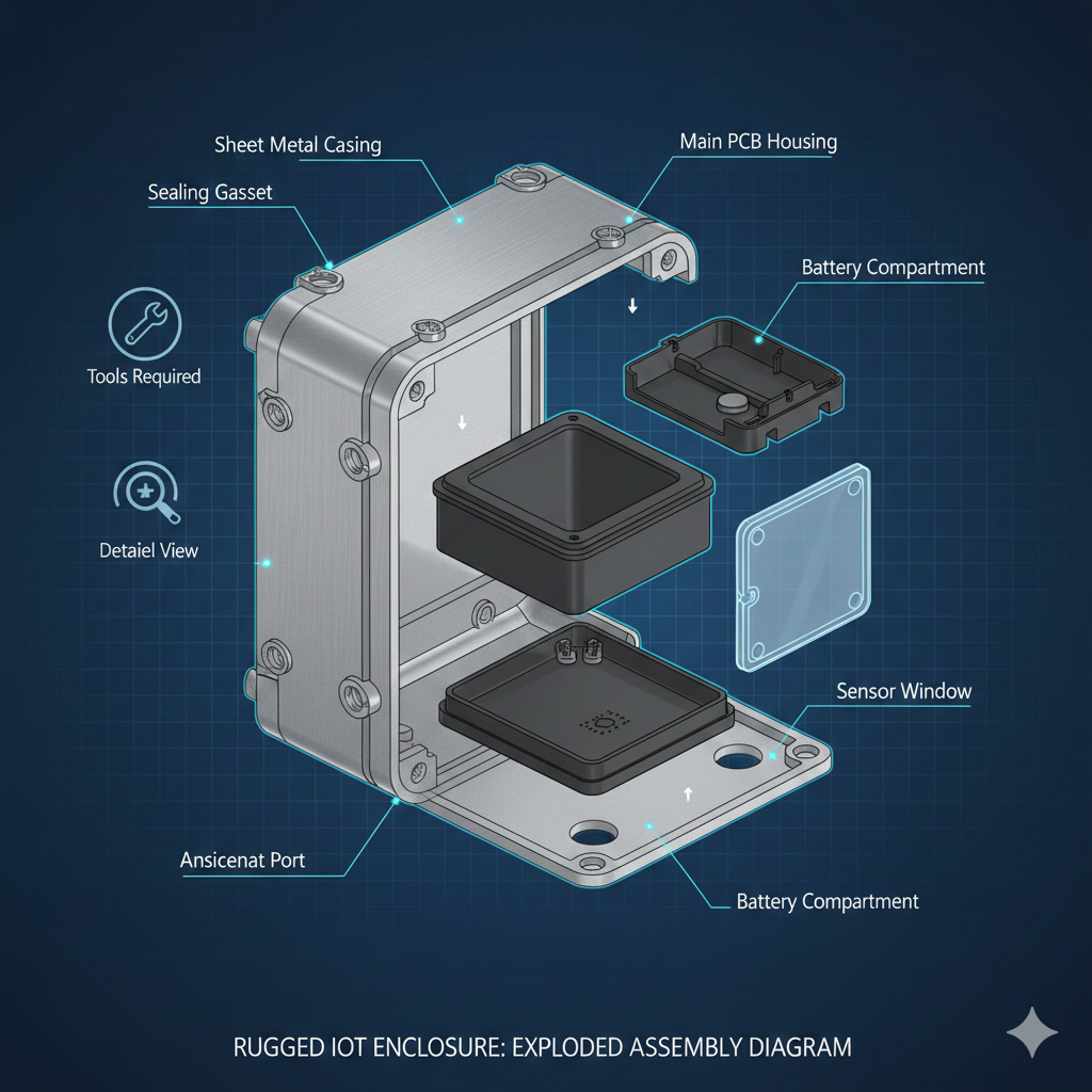 Exploded IoT enclosure diagram created through digital engineering outsourcing USA.”