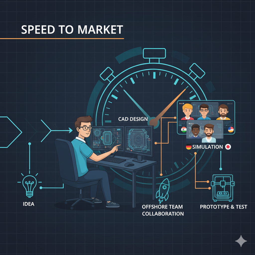 Speed-to-market workflow showing CAD, simulation, and offshore team collaboration for digital engineering outsourcing USA.”