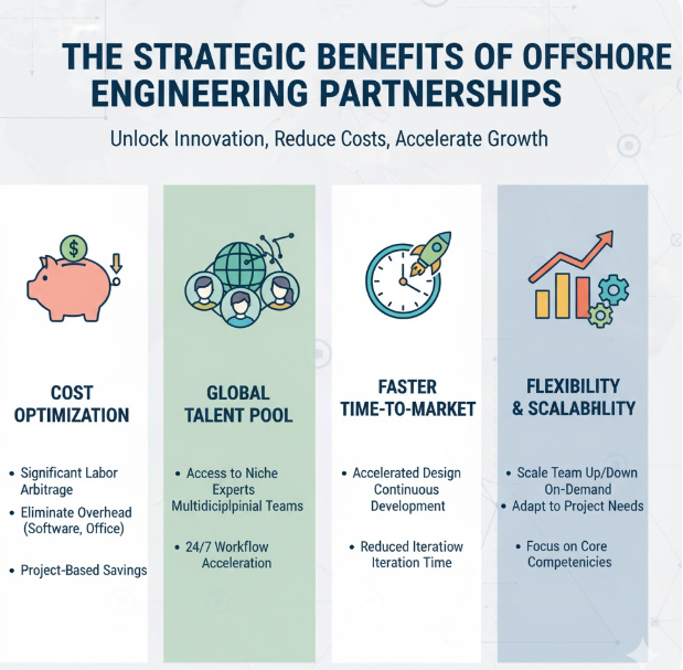 Benefits of offshore partnerships showing cost optimization, talent pool, and faster time-to-market for digital engineering outsourcing USA