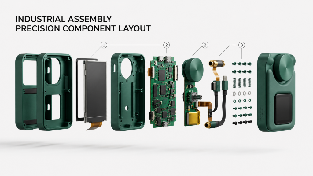 Industrial design for hardware startups showing an exploded electronic device assembly.