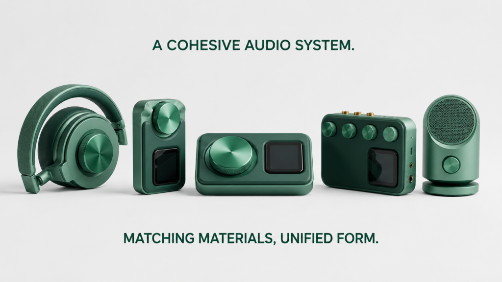 Industrial design for hardware startups featuring a cohesive audio product system.
