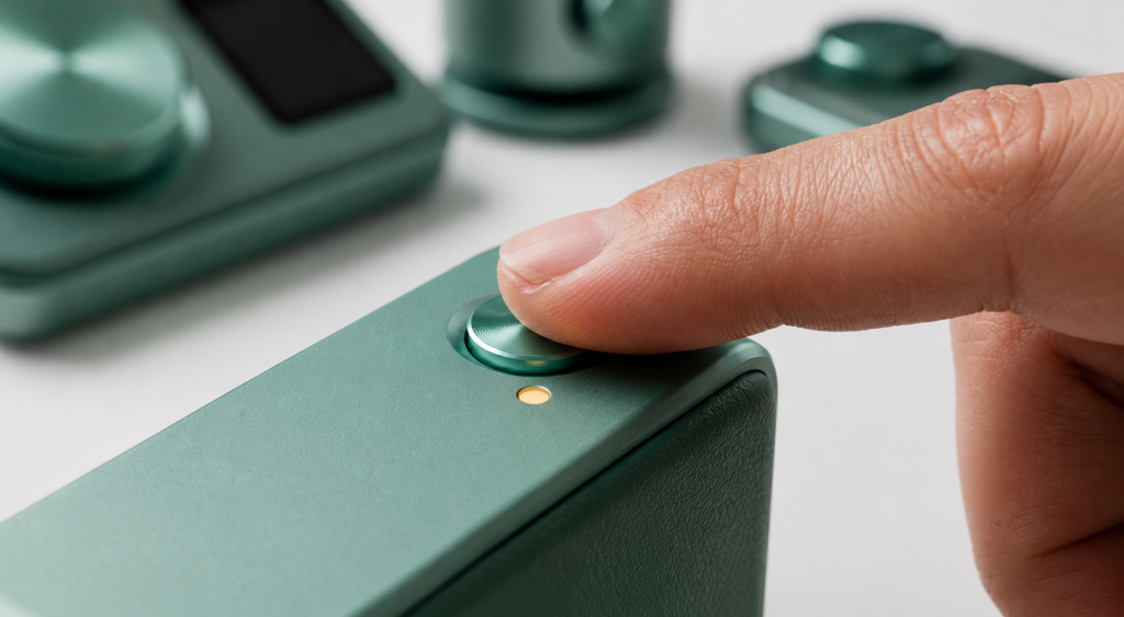 Industrial design showing a user interacting with a control button.