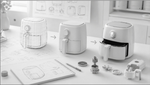 Industrial design workflow showing concept sketch, CAD modeling, engineering validation, and finished consumer appliance.