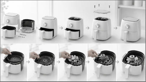 Assembly sequence of a consumer kitchen appliance demonstrating Design for Assembly (DfA), component installation, and efficient product assembly workflow.